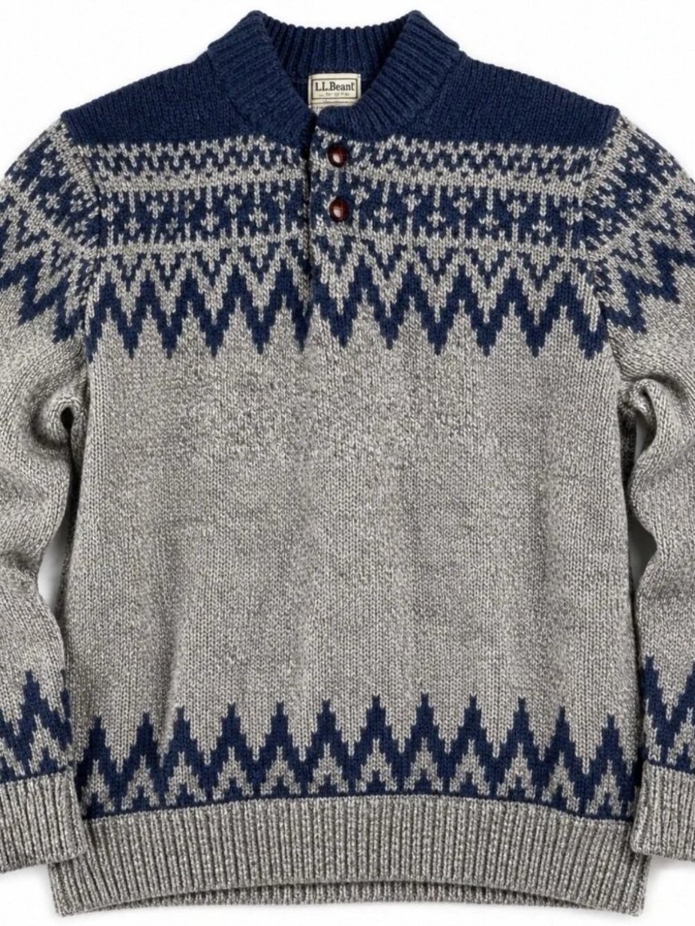 LL Bean Mens Fair Isle Nordic Sweater 100% Lambswool Gray Blue Large Pullover